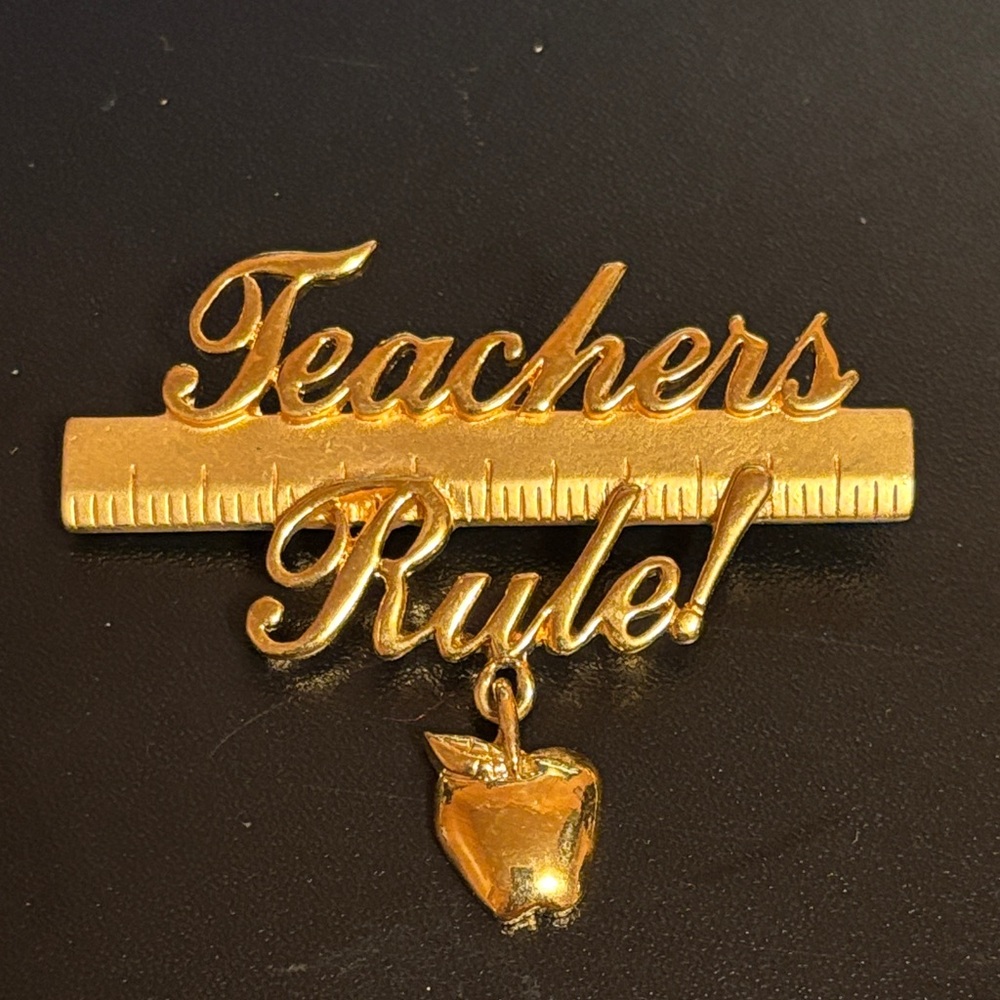"Teachers Rule" brooch by Jonette Jewelry (J.J.) with a dangling apple charm